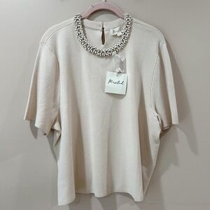Marled Women XL Short Sleeve Tight Knit Sweater Faux Pearl Collar Top New